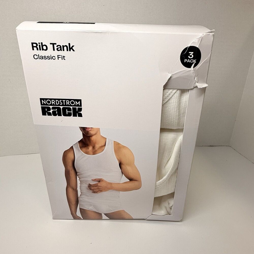 Nordstrom Rack Men’s 100% Cotton Classic Fit Rib Tank In White 3 Pack Sz XL New